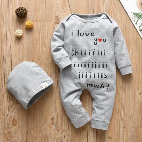 2Pcs Newborn Baby Boys Girls Clothes Set Letter I Love You This much Long Sleeve Jumpsuit+Hat Infant Toddler Clothing Outfits