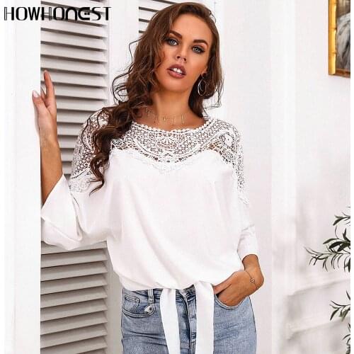 Za Womens Blouse Spring Summer New Fashion Lace Stitching Chiffon Shirt Bow Hollow Out Tops Casual Womens Blouses Top Female