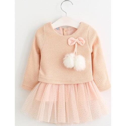 Autumn kids dresses for girls Long sleeve baby girl dress knitted ball net yarn belle princess dress