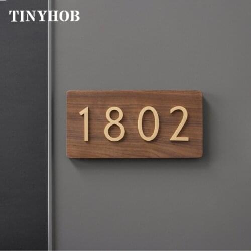 Walnut Wooden Board+Brass Numbers/Modern House Number Satin Brass Door Home Address Number for House Digital Outdoor Sign Plates