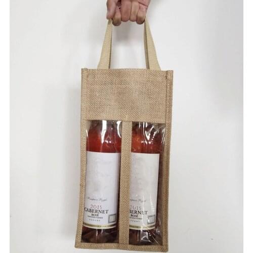 Jute Wine Carrier Reusable Burlap Tote Bags Clear Window with Handles Gift Bag