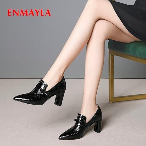 ENMAYLA 2020 Luxury Shoes Women Patent Leather Round Heel Wedding Shoes Office & Career Pointed Toe Slip-On Women Shoes 34-43