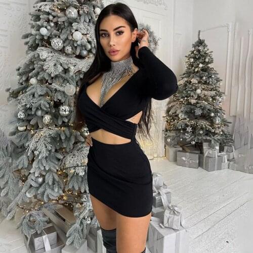 Hirigin 2021 Autumn Long Sleeve Wrap Mini Dress Outfits for Women Sexy Cut Out Club Party Christmas Dresses Slim Clothes