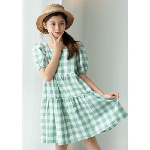 France Style Cotton Plaid Kids Dresses for Girls Puff Sleeve Teen Fashion Dress Fresh Cute 2021 New Summer Clothes,#8
