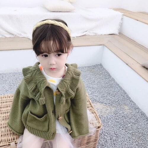 Girls Cardigan Sweater 2019 Autumn New Ruffles Big Turn Down Collar Korean Princess Knitted Sweater Coat 1-7Yrs Toddler Clothes