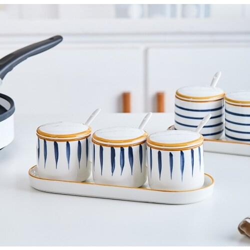 Hand-paint Ceramic Spice Jars Porcelain Condiment Seasoning Box Container Set Sugar Salt Container with Serving Spoon Kitchen