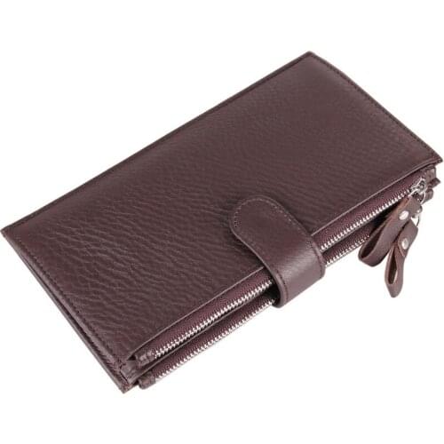 Leather Wallet Mens Retro Double Zipper Wallet Solid Color Long Wallet Mens Credit Card Bag Multi-card Pocket Wallet