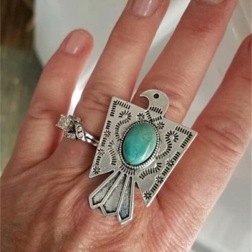 Creative Pattern Silver Color Eagle Ring Retro Inlaid Geometric Oval Turquoises Opening Adjustable Ring