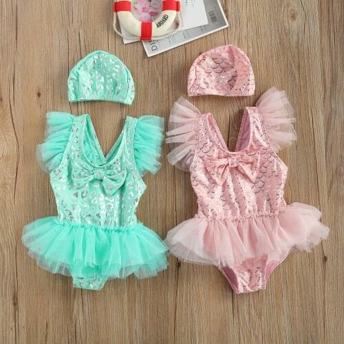 Lovely Baby Girl Swimsuit Set Print Flying Sleeve Ruffles Swimwear Tulle Dress +Cap 2pcs Suit Outdoor Infant Toddler Beach Wear