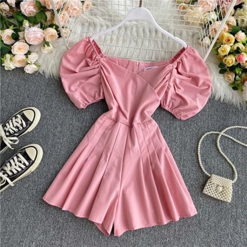 Summer Fashion Women Playsuits Fashion New Sexy V-neck Puff Sleeves Sexy Bodysuits A Line Wide-leg Jumpsuits Solid Color Romper