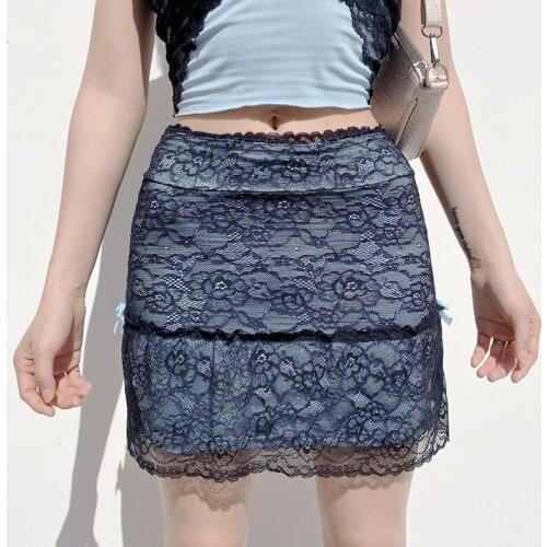 Summer Sheer Lace Skirt Sexy Women Gothic Y2K Punk Style Mini Skirt Aesthetic Vintage 90s Streetwear Goth Party Casual Skirt
