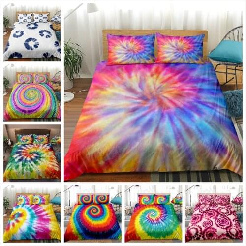 2/3 Pcs Rainbow Tie Dye Duvet Cover Gypsy Comforter Cover Watercolor Spiral Bedding Set Boho Ethnic Hippie Exotic Quilt Cover