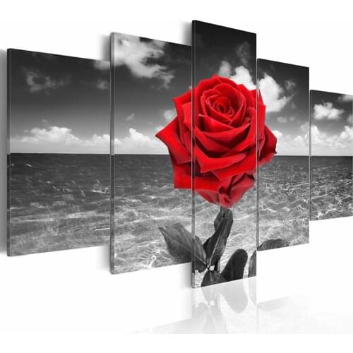 Wall Art Canvas 5 Panel Paintings Gray Background Home Decor Picture Red Rose Hd Prints Modern Poster For Bedroom Modular Frame