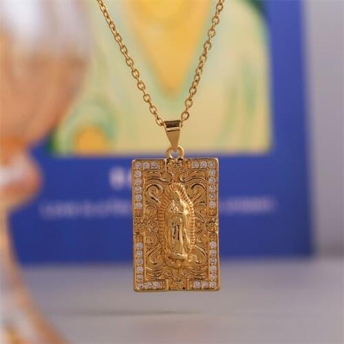 Classic Square Copper Metal CZ Cubic Zirconia Virgin Mary Pendants Necklaces For Women Stainless Steel Chain Gold Color Necklace