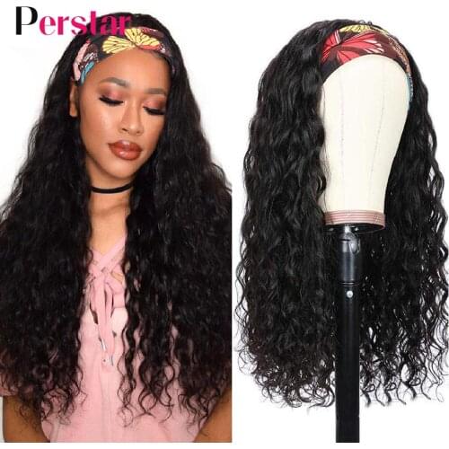 Perstar Human Hair Wigs Water Wave Peruvian Headband Hair Wigs For Women Human Hair Wigs Full Machine Made Glueless Curly Wigs