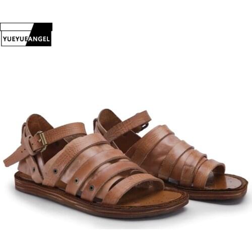 Luxury Handmade 100% Cowhide Genuine Leather Men Gladiator Sandals Summer Shoes Casual Vintage Flats Beach Slipper Strap Sandals