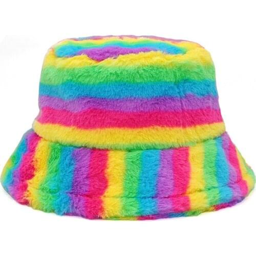 Hat women new rainbow striped rabbit plush fisherman hat thickened warmth and age reduction big eaves sunbath hat tide