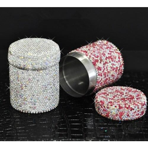 Bling Creative Crystal Holder Storage Box for Car Interior Accessories Household Restaurant Round Stainless Steel Container