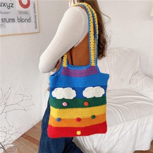 HISUELY Thailand Rainbow Shoulder Bag Wool Knitting Tote Bags for Girl Cotton Cloth Women Messenger Bag Lovely Student Handbag