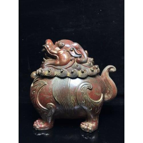 9" Tibet Buddhism Old Bronze Cinnabar brave troops Incense burner Lion statue unicorn incense burner Town House Exorcism