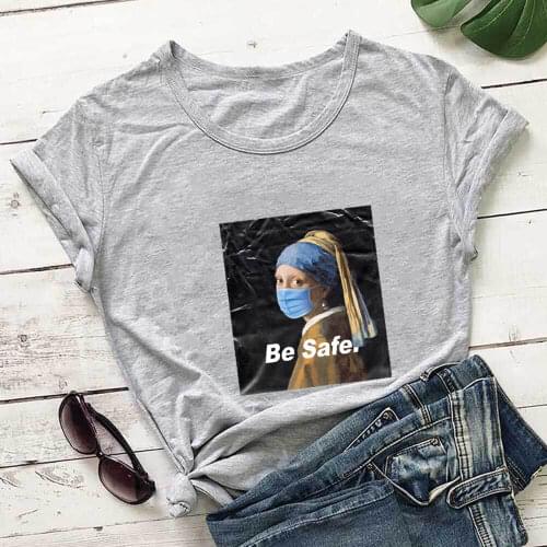 Be Safe Russian Girl Graphic Print 100%Cotton Women T Shirt Unisex Funny Summer Casual Short Sleeve Top Social Distance Shirt