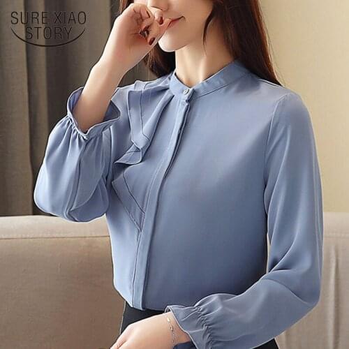 Autumn Fashion 2019 Women Chiffon Long Sleeve Ruffles Women Tops Solid Slim Womens Clothing Lady Office blouses shirt 5492 50