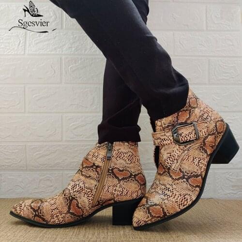 Sgesvier 2020 Trendy Snake Print Buckle Western Cowboy Womens Boots Vintage Biker Ladies Ankle Boots Chunky Heel Shoes Plus Size