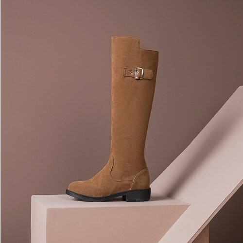 NEW Women Boots 2020 Autumn Winter Nubuck Knee-High Oversized Boots Retro Short Plush Inside Low (1cm-3cm) Flat with Rubber Zip