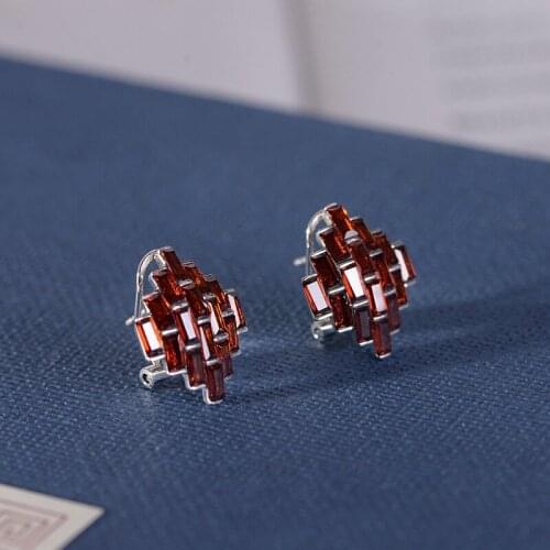 FNJ Stud Earrings 925 Silver Original Pure S925 Sterling Silver Earring for Women Jewelry Red Zircon Stone