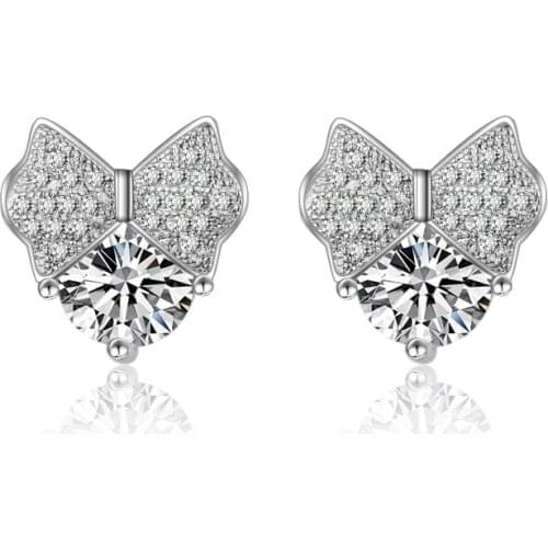 Hot Women Sterling Silver Earring For Wedding Engagement Jewelry Accessory Bow Clear Crystal Rhinestone Stud Earrings