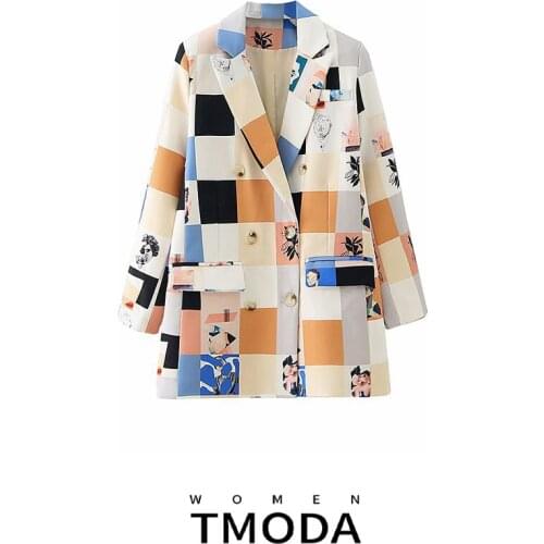 TMODA451 Za 2021 Spring Autumn Women Plaid Blazer Jacket Double Breasted Lapel Fashion Print Suit Streetwear Loose Chic Coat