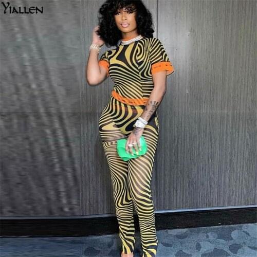 Yiallen Autumn Casual Sexy Women Two Piece Set Short Sleeve See Through Tops+Leggings Slim Stretch Matching Outfits Streetwear