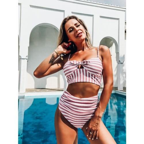2021 newest Women Split Swimsuit Set Striped Hollow Out Low-cut Bikini+High Waist Panties for Summer