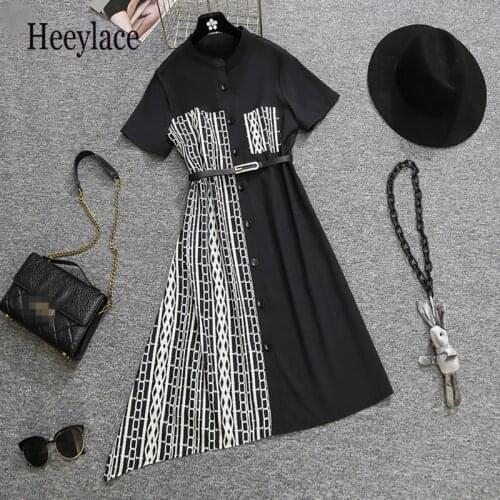 Plus size Summer elegant dresses office ladies short sleeve high waist patchwork irregular midi dresses 5XL women vestidos mujer