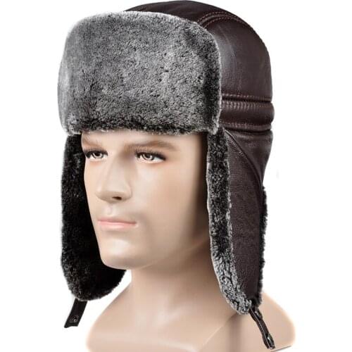 Winter Genuine Leather Faux Fur Bomber Hat For Man Male Cold Outdoor Ear-cap Warm Ride Motocycling Russian Caps