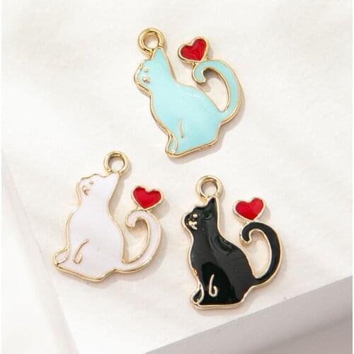 10Pcs Enamel Gold Color Cat Heart Charms Pendant for Jewerly DIY Making Bracelet Women Earrings Necklace Accessories Findings