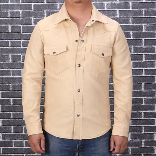 2020 Vintage Brown Slim Fit American Casual Style Leather Large Size XXXL Genuine Thin Sheepskin Aturmn Men Shirt Coat