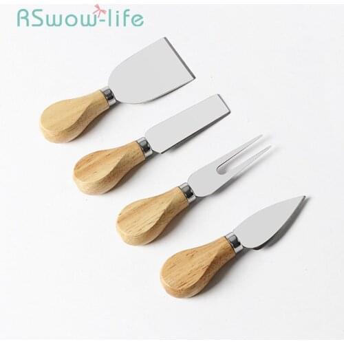 4pcs Stainless Steel Cheese Knife Cheese Wooden Handle Cream Pizza Knife Baking Tools Cheese Cutter Set