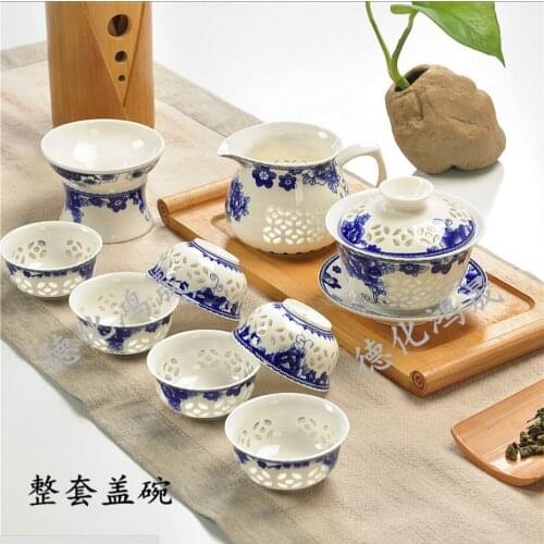 9 Pcs Kung Fu Tea Set,Ceramic Tea cup,Blue and White TeaPot,Bone China GaiWan,Tea Sea,Porcelain Filter Mug,Tea service