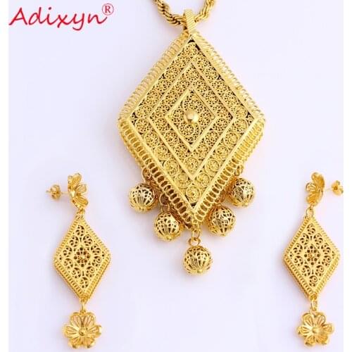 Adixyn Gold Color/Copper African Wedding Gifts Rhombus big Necklace/Earrings/Pendant Jewelry Set For Women N08084