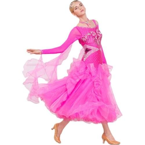 B-16173 New Pink Ballroom Smooth Dress New Standard Ballroom Dresses Women Long Sleeve Adult Waltz dress For Sale