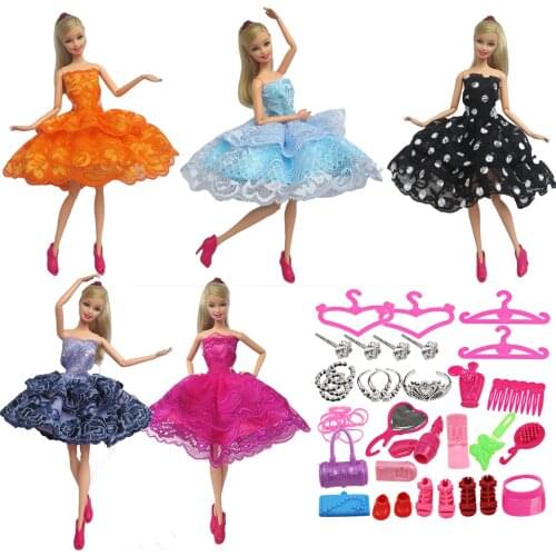 Besegad 5pcs Mini Doll Princess Dresses Lace Embroidery Tutu Clothes+42pcs High Heels Handbag Hanger Accessories for Barbie Toy