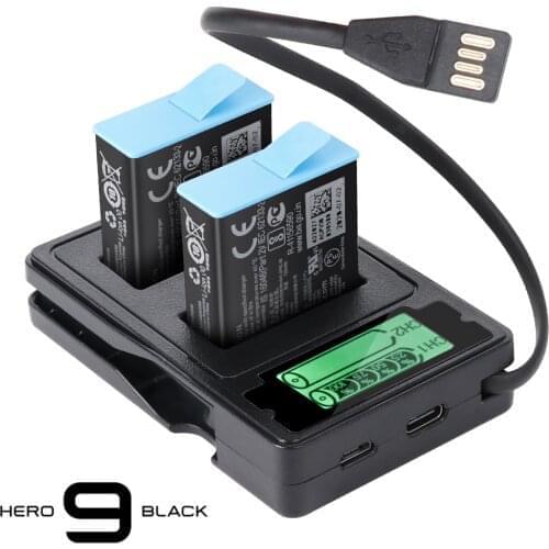 For GoPro Hero 9 Black dual double Channel Battery charger LCD display Type C Charging Cable For gopro 9 Accessories