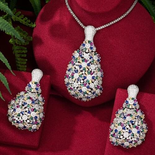 KellyBola Gorgeous Luxury Pendant Necklace Earrings Jewelry Set Exquisite Zircon Bridal Wedding Party Jewelry Accessories