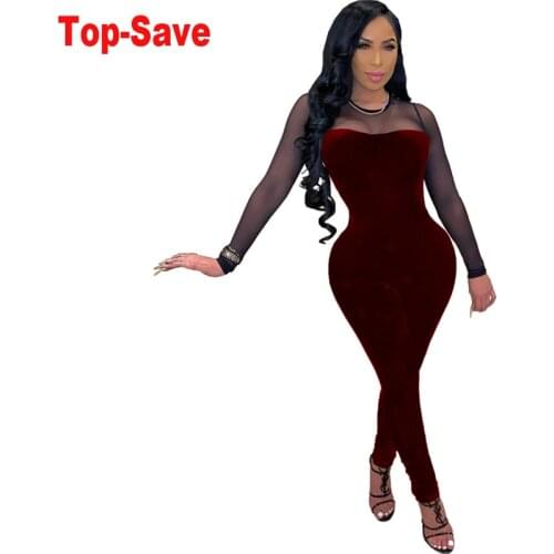 Fashion Casual Solid Mesh Long Sleeve Sexy Bodycon Party Jumpsuit Women Romper One Piece Outfits Ladies Night Club Slim Pants