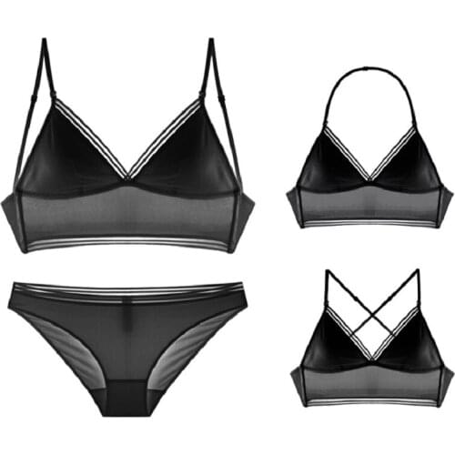 Glossy ice silk big backless bra and briefs set thin cup no steel ring bralette dress invisible underwear women ultra-thin bras