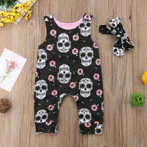Girl’s Halloween Skull Printed Romper Sets Sleeveless Snap Button Crotch Strap Bodysuit with Printed Bow Hairband