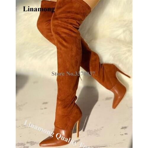 Linamong Patchwork Brown Over Knee Stiletto Heel Gladiator Boots Suede Leather Slim Style Long High Heel Boots Formal Dress Heel
