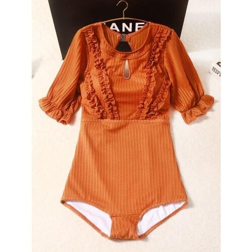 Swimsuit women one piece short sleeves lace round neck swimwear high waist 2020 Monokini Bathing Suit XL Sport Bodysuit Beach Ba