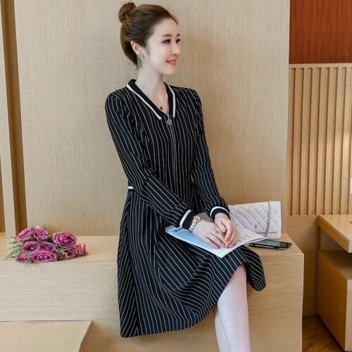 L 4XL 5XL V-Neck Knee-Length Patchwork Long Sleeve Casual Spring Autumn Stripe Plus Size Cocktail Dresses Coctail Coktail Dress